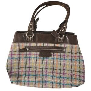 VTG Y2K Coach Plaid Tweed‎ Leather Tote Shoulder Bag Purse Multicolored